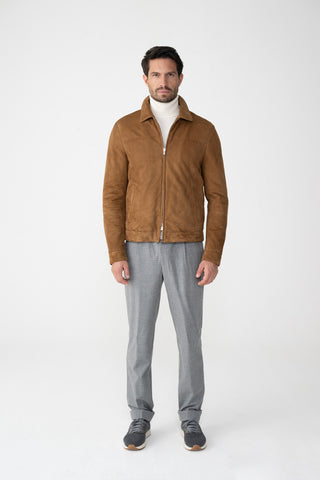 Suede coat with fur trim