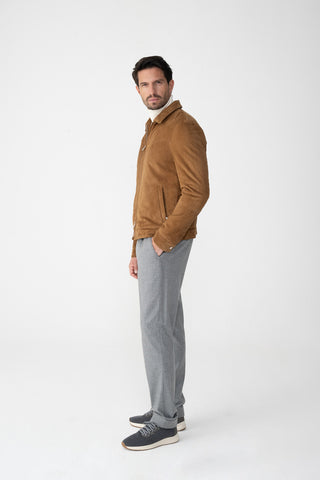 Suede coat with fur trim