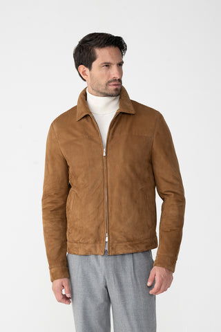 Suede coat with fur trim
