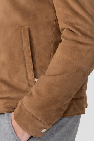 Suede coat with fur trim