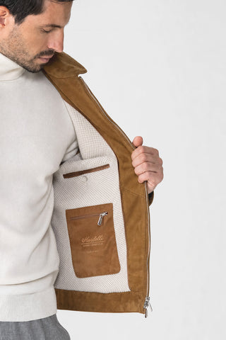 Suede coat with fur trim