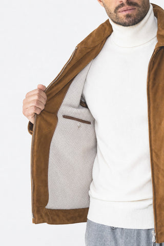 Suede coat with fur trim