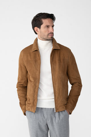 Suede coat with fur trim