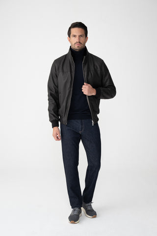 Bomber in pelle con collo di pelliccia
