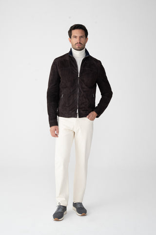Suede coat with fur trim