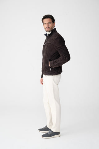 Suede coat with fur trim