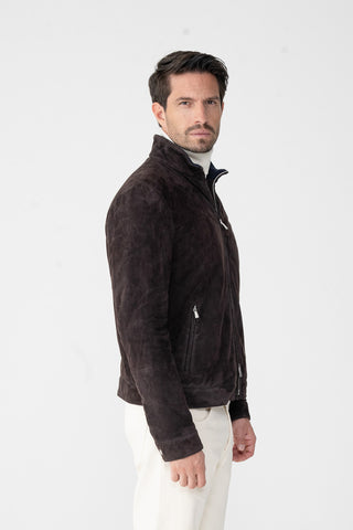 Suede coat with fur trim