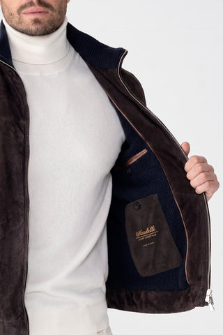 Suede coat with fur trim