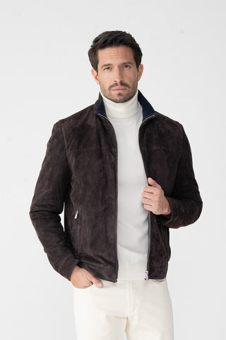 Suede coat with fur trim