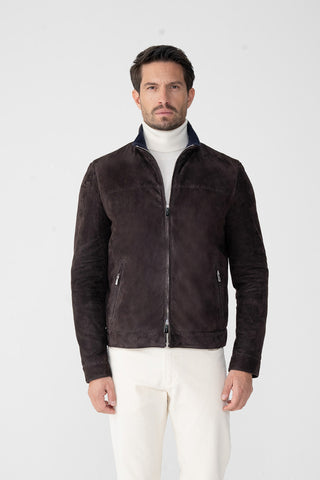 Suede coat with fur trim